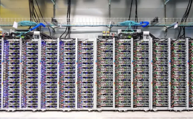 比利时 Google Cloud 数据中心内的一排服务器及其网络连接。